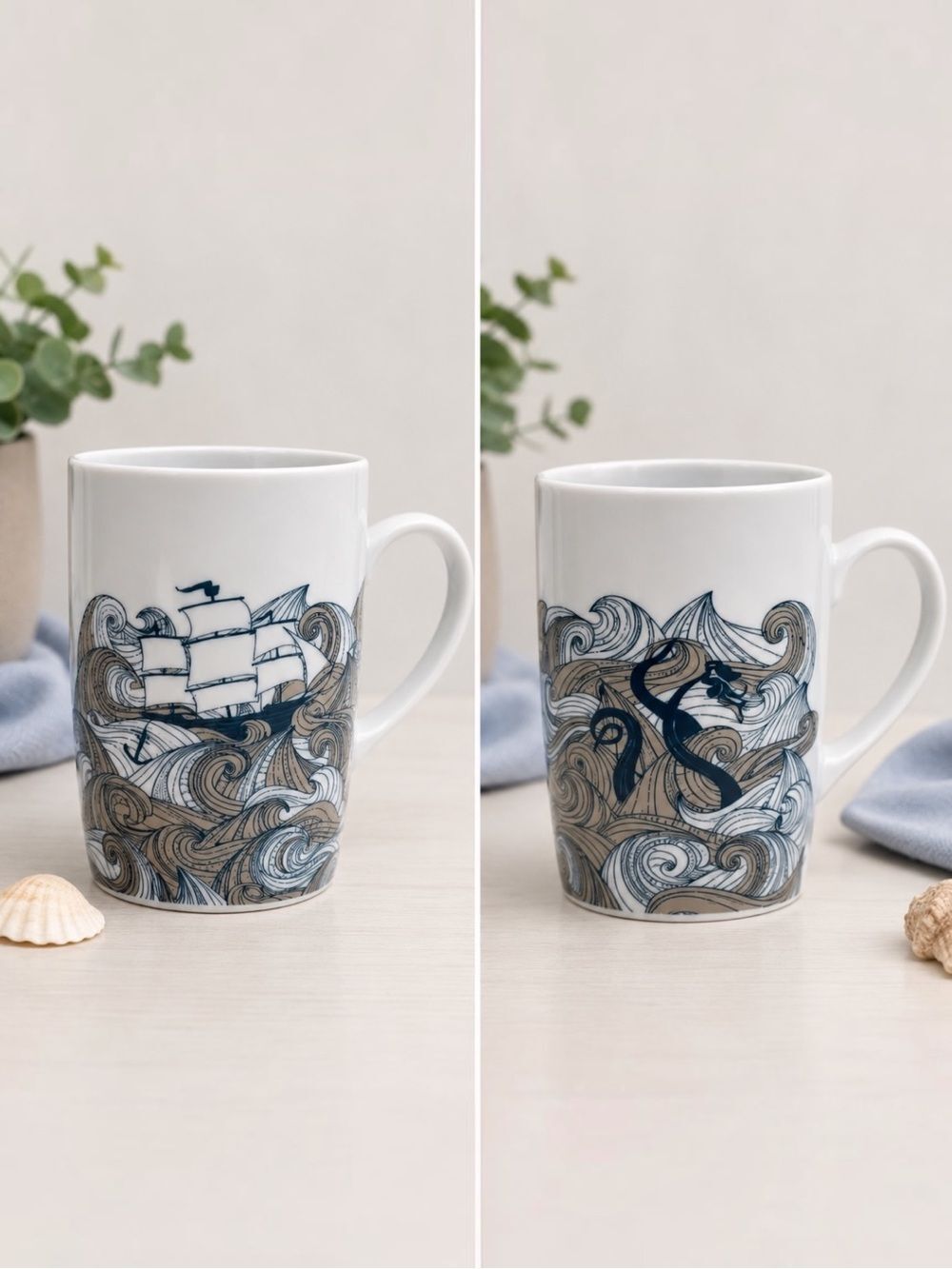 Vintage Danica Studio Kraken Ship Nautical Ceramic Coffee Mug Rare Ocean Wave